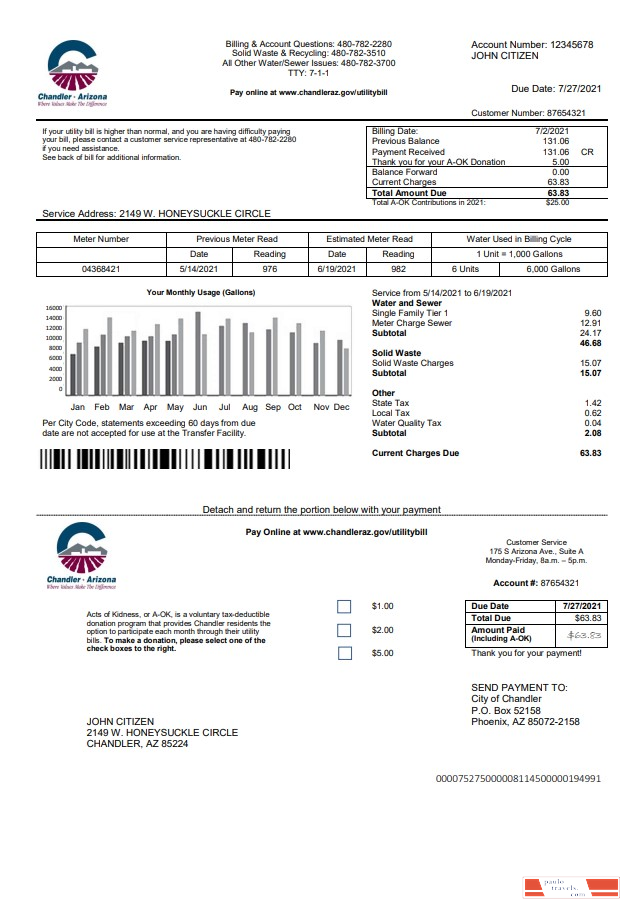 USA Arizona Chandler Utilities bill template in Word and PDF format
